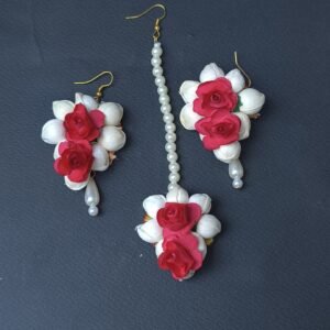 Floral Green Red Earrings Tika Set