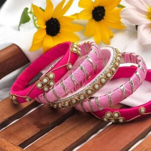 Rosy Silk Thread Kundan & Gotta Bangle Set (5 Pieces)